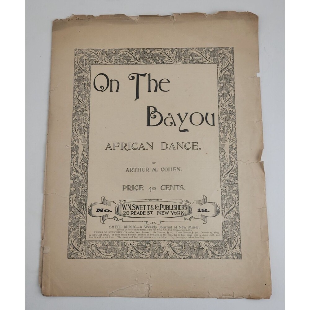 Antique 1900s Sheet Music On The Bayou African Dance Arthur Cohen #SM3